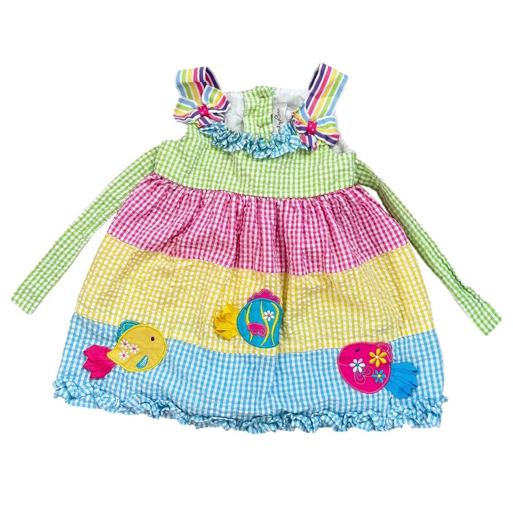 VTG Emily Rose Girls Fish Applique Seersucker Dress 12M Cottagecore Rainbow Bow